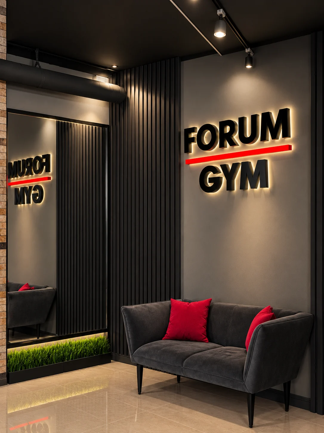 Подсвеченная вывеска FORUM GYM у входа